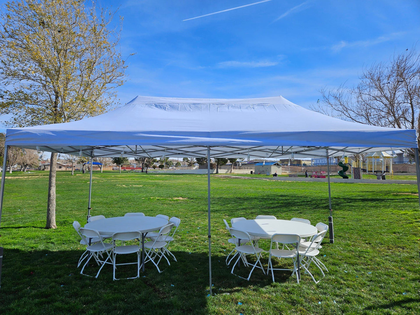Tent Package (Includes: Pop Up Tent (10x20), Light Kit, 2 Round Tables, 16 Chairs)