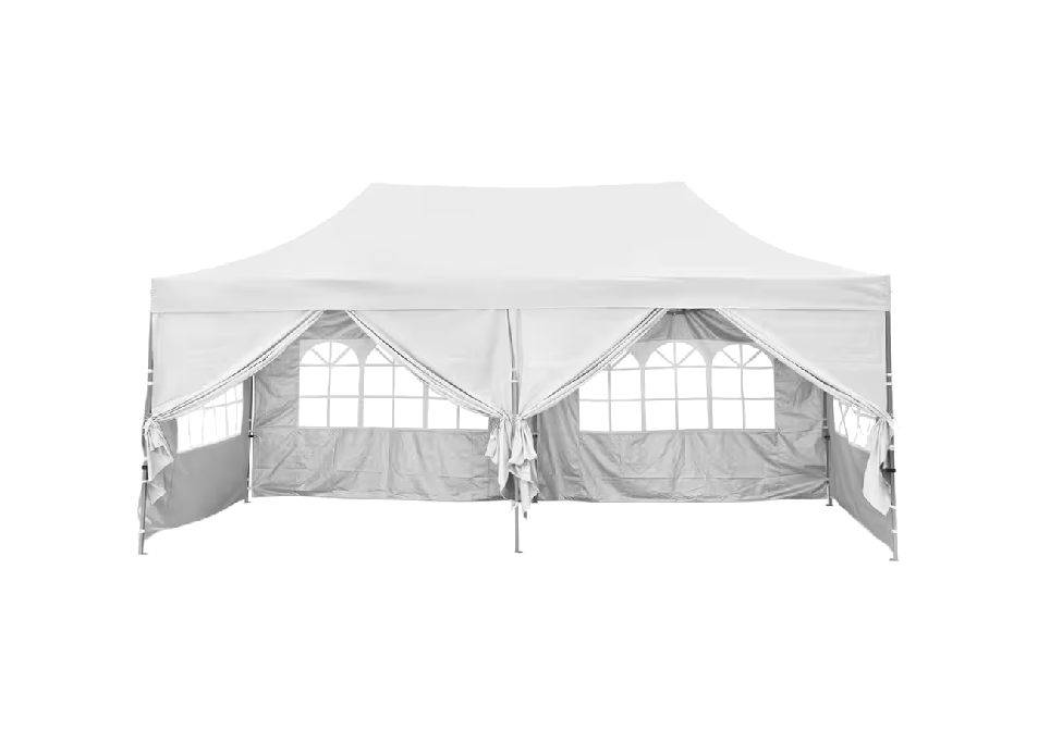 Paquete de carpa (incluye: carpa emergente (10x20), kit de iluminación, 2 mesas (6 pies), 12 sillas para festivales)