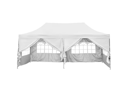 Paquete de carpa (incluye: carpa emergente (10x20), kit de iluminación, 2 mesas (6 pies), 12 sillas para festivales)