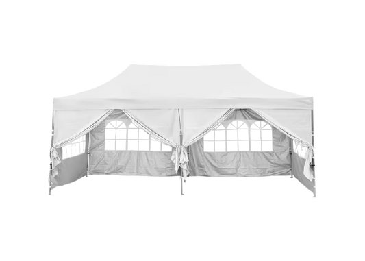 Paquete de carpa (incluye: carpa emergente (10x20), kit de iluminación, 2 mesas (6 pies), 12 sillas para festivales)